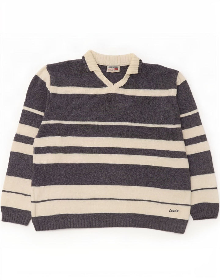 Pulover Levi's pentru bărbați cu gât polo, bumbac cu dungi mari, gri