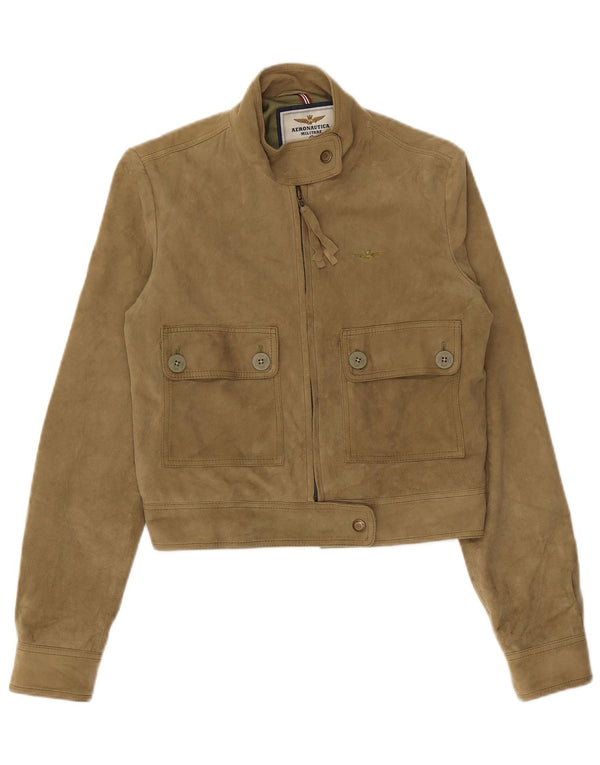 Aeronautica Militare Jachetă Crop Suede Femei IT 42 Medium Khaki Leather
