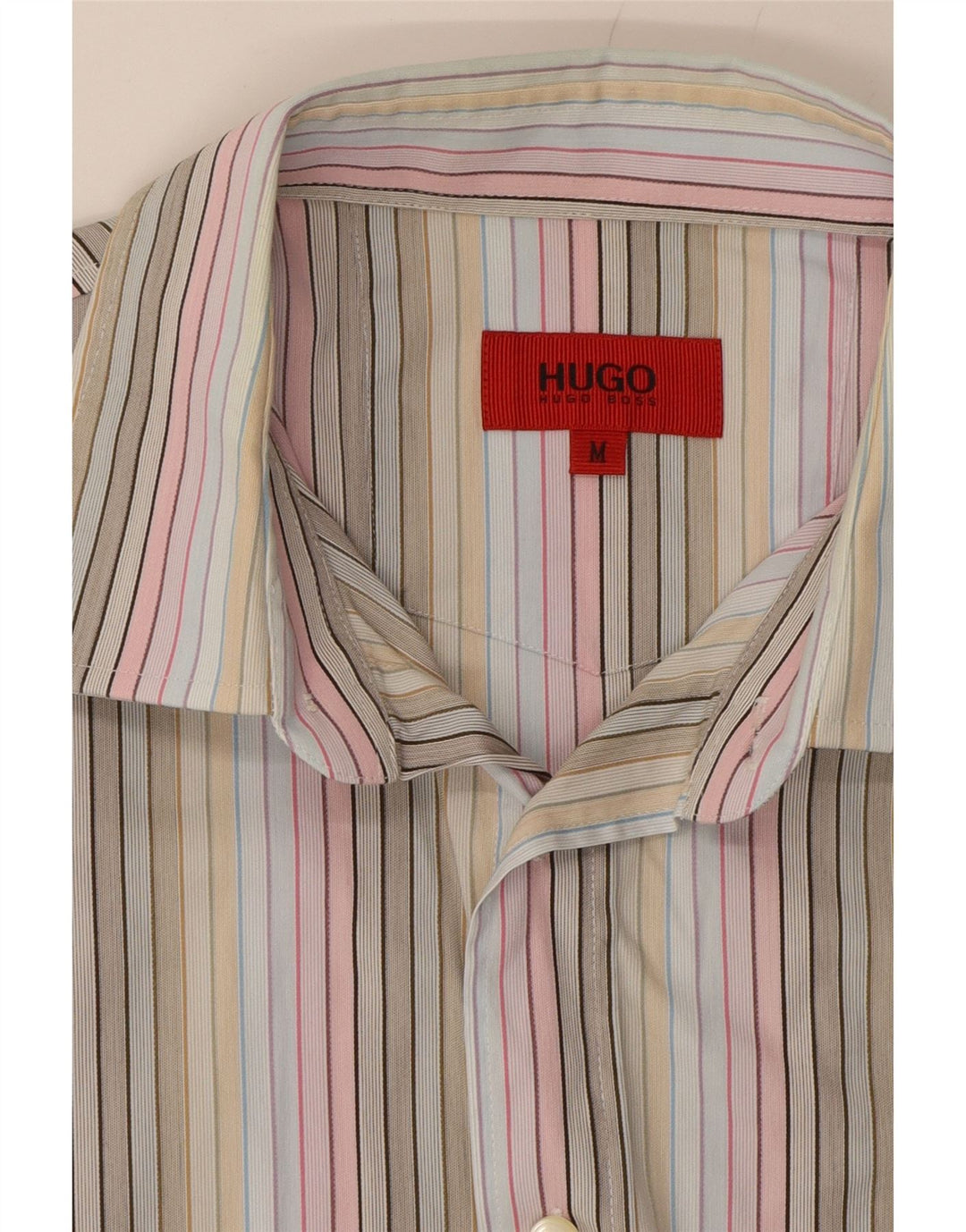 HUGO BOSS Mens Shirt Medium Multicoloured Striped Polyester Vintage Hugo Boss and Second-Hand Hugo Boss from Messina Hembry 