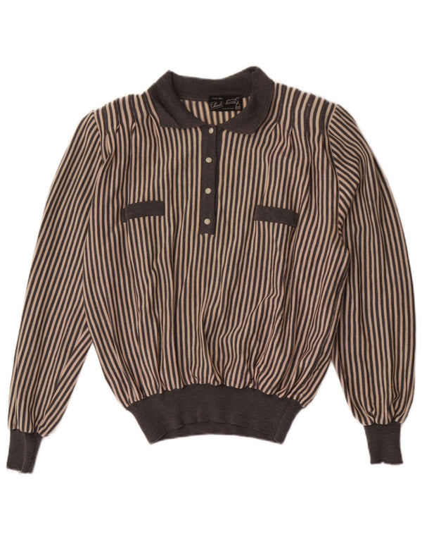 Pulover vintage cu gât polo pentru femei UK 16 Lână mare cu dungi gri