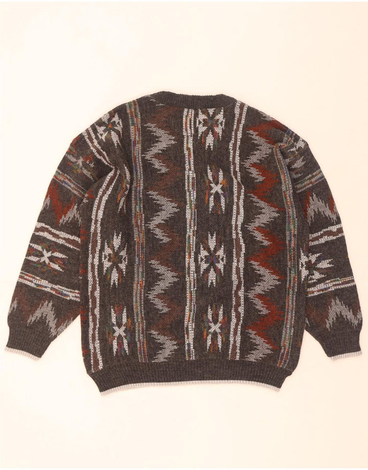 Pulover vintage pentru bărbați cu decolteu rotund, gri mediu geometric