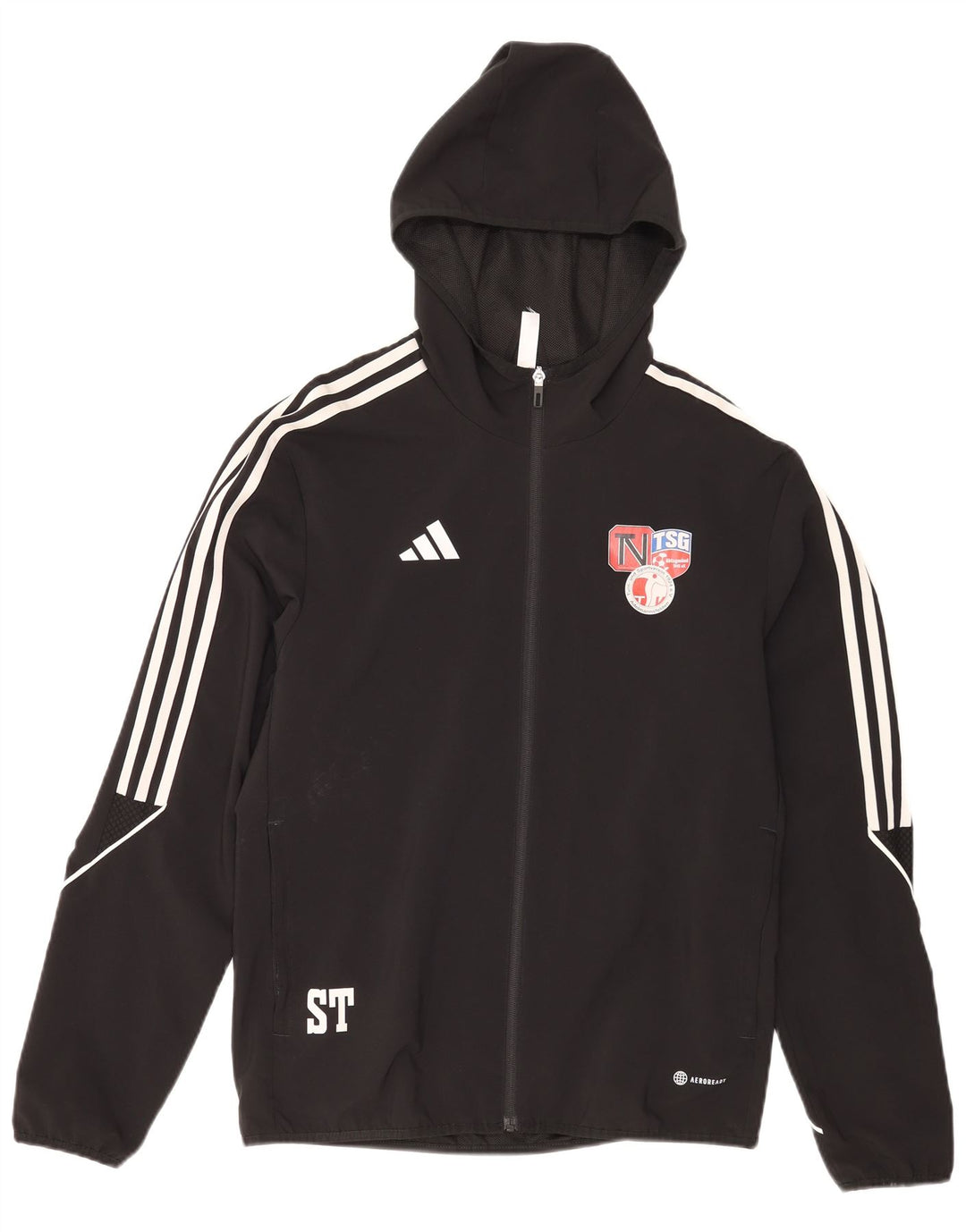 Jachetă de trening cu glugă grafică Adidas pentru bărbați, poliester negru mic