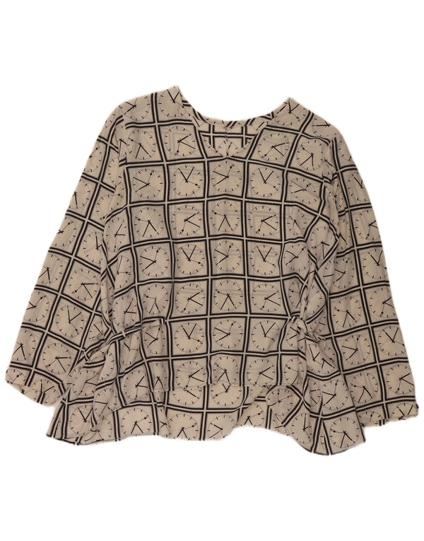 Bluză vintage cu mânecă lungă pentru femei UK 18 XL Alb geometric