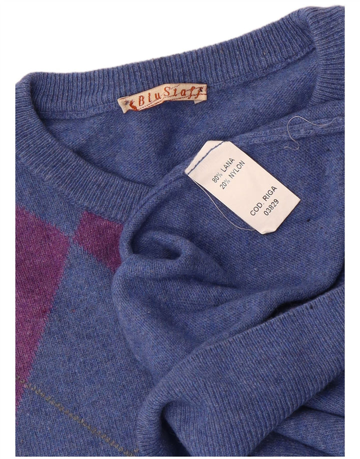 Pulover vintage pentru bărbați cu gât roșu, lână mare albastru Argyle/Diamond