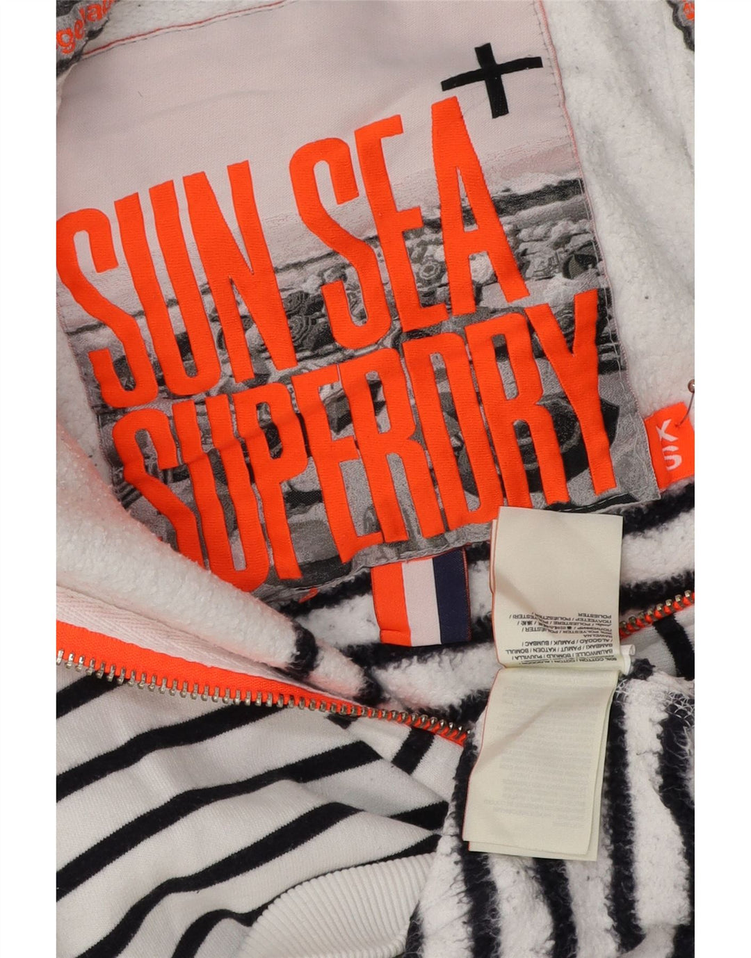 SUPERDRY Pulover cu capota cu fermoar pentru femei UK 6 XS Bumbac cu dungi albe