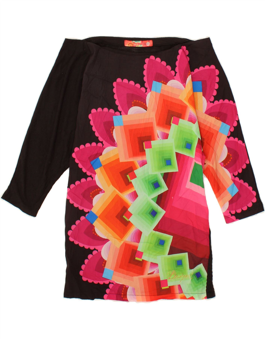 DESIGUAL Womens Batwing Blouse Top UK 10 Small Black Geometric Vintage Desigual and Second-Hand Desigual from Messina Hembry 