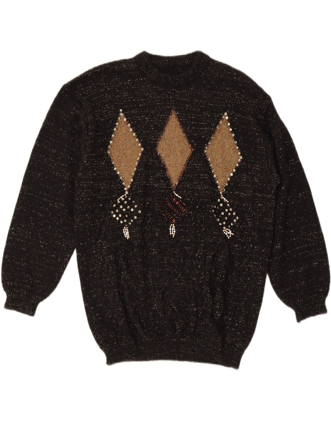 Pulover VINTAGE pentru femei cu decolteu triplu UK 14 Medium Black Argyle/Diamond