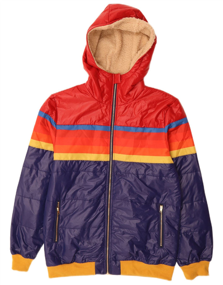 Jachetă căptușită cu glugă vintage pentru femei UK 14 Medium Blue Colorblock
