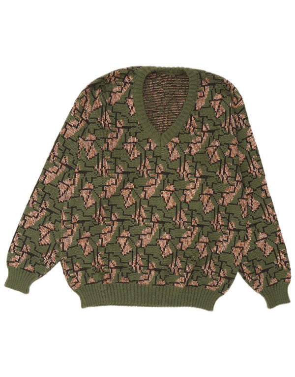 Pulover Vintage pentru bărbați cu decolteu în V IT 52 Large Green Geometric