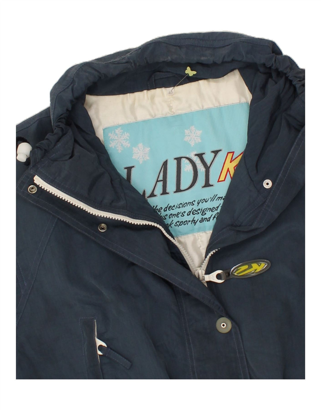 VINTAGE Womens Graphic Gilet EU 40 Medium Navy Blue Nylon Vintage Vintage and Second-Hand Vintage from Messina Hembry 