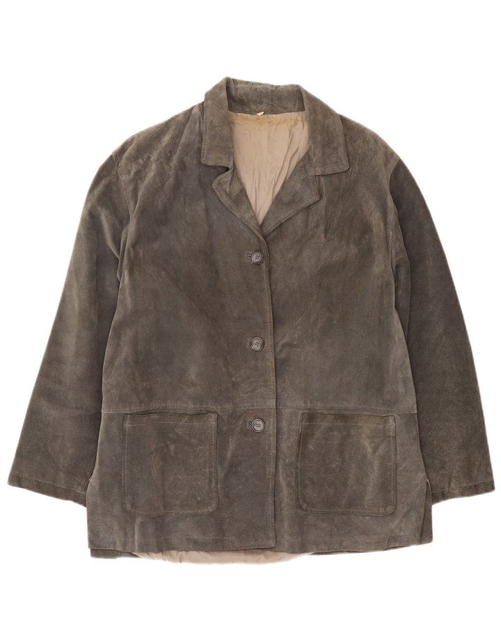 Blazer Vintage pentru femei cu 3 nasturi din piele intoarsa, UK 16, mare, gri