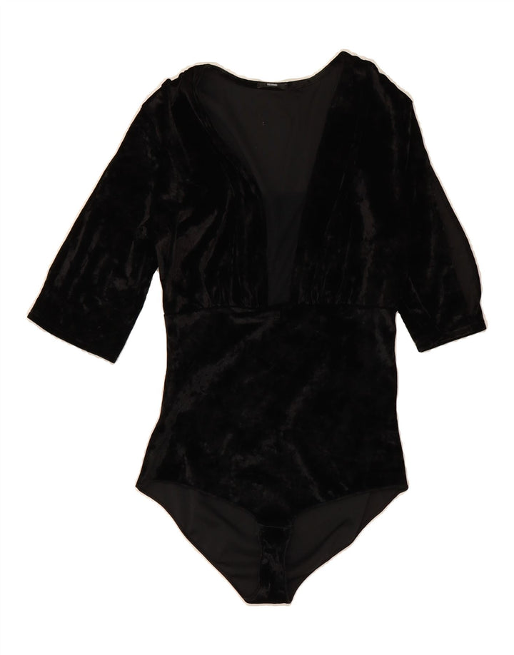 TEZENIS Womens Velvet 3/4 Sleeve Bodysuit UK 12 Medium Black Vintage Tezenis and Second-Hand Tezenis from Messina Hembry 