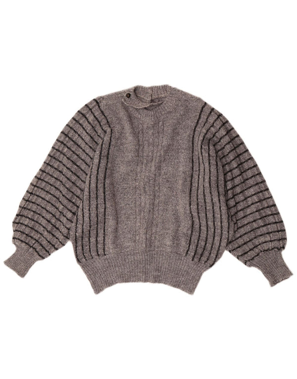 Pulover vintage pentru femei cu decolteu rotund UK 16 mare, gri cu dungi acrilice