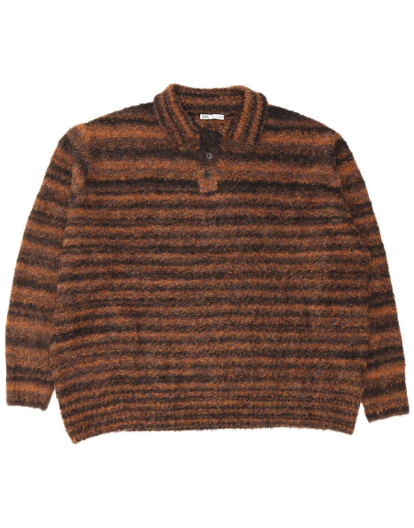 Zara Mens Loose Fit Polo Neck Jumper Sweater XL Brown Pinstripe Polyester