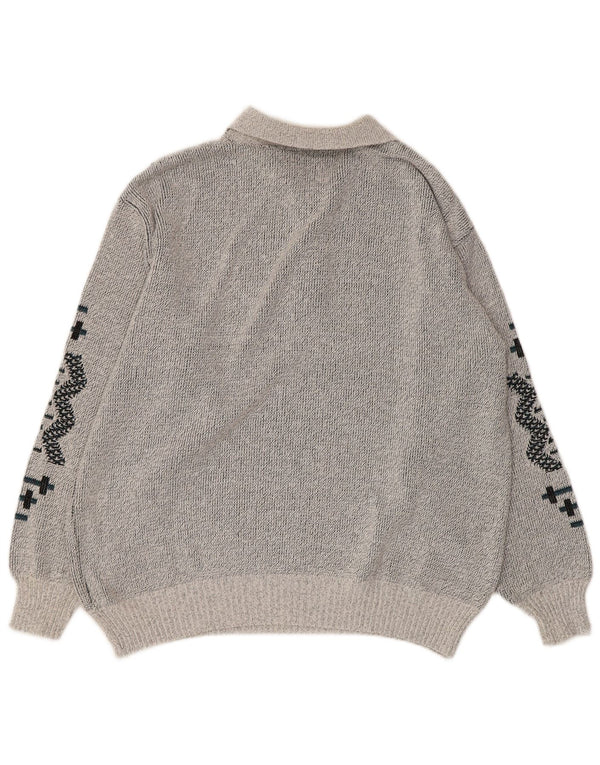 Pulover vintage cu gât polo pentru bărbați UK 38/40 Medium Gri Geometric