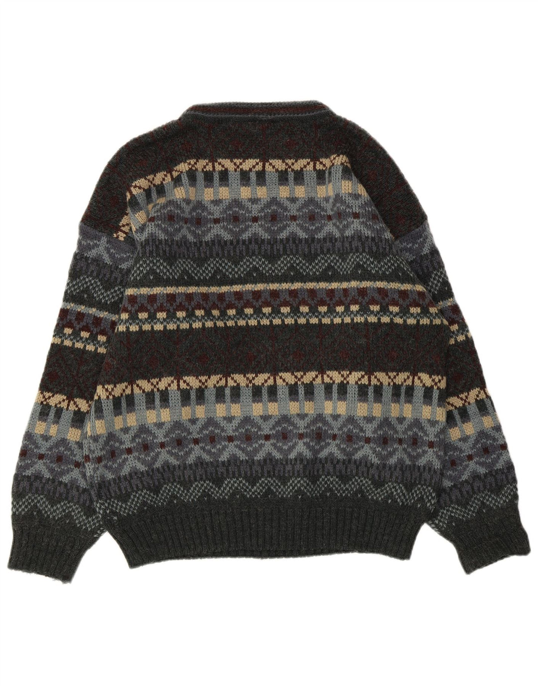 Pulover vintage pentru bărbați cu gât roșu, UK 38/40, gri mediu, Fair Isle