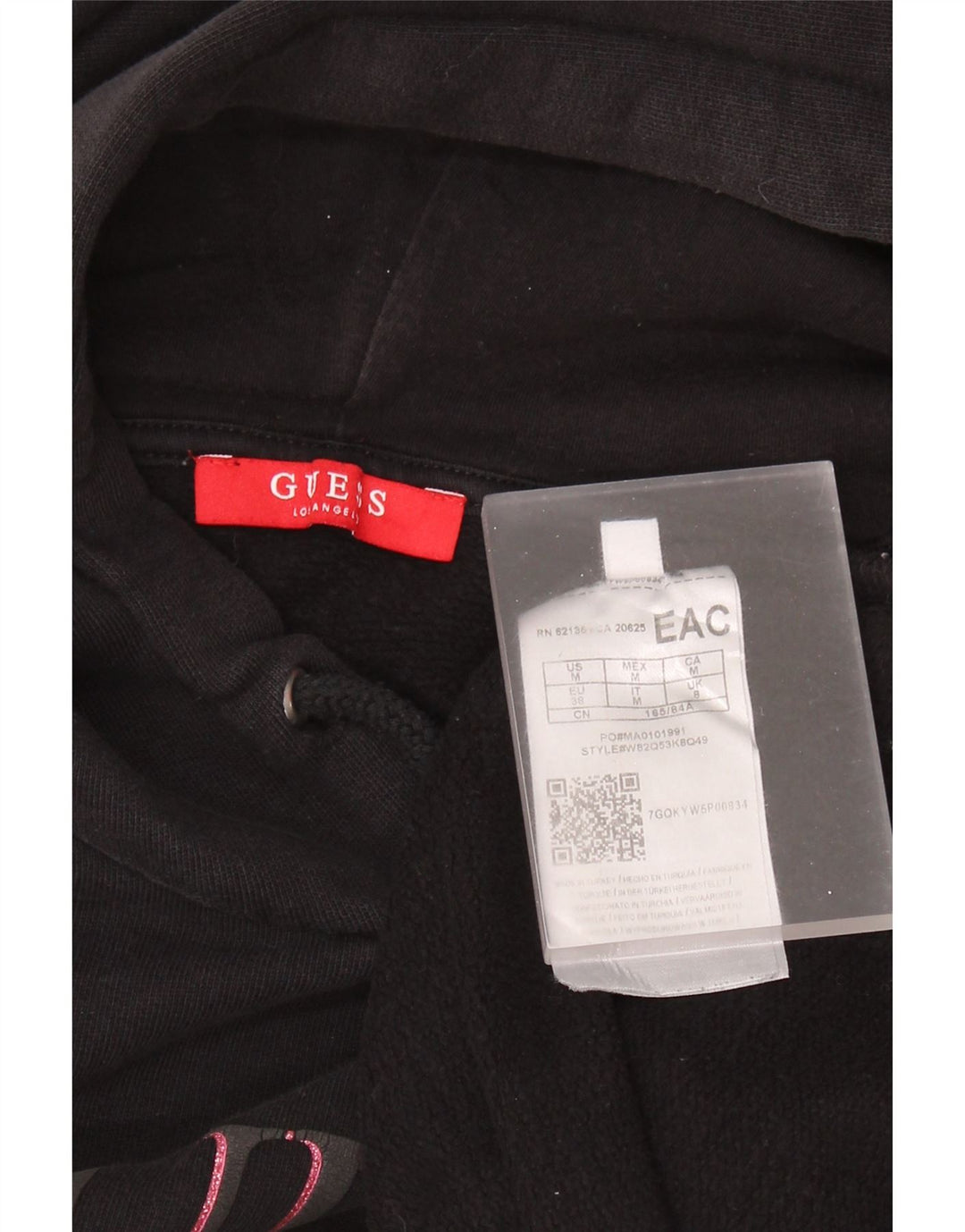 Pulover GUESS pentru femei, supradimensionat, cu mâneci 3/4, cu glugă, cu grafică, UK 8, negru