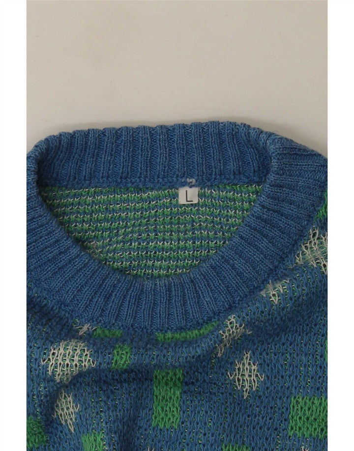 Pulover vintage pentru bărbați cu gâtul turnat, mare, albastru, geometric