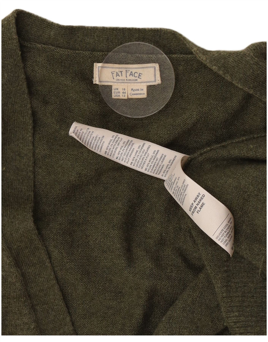 Pulover cardigan deschis pentru femei Fat Face UK 16 Lână mare kaki