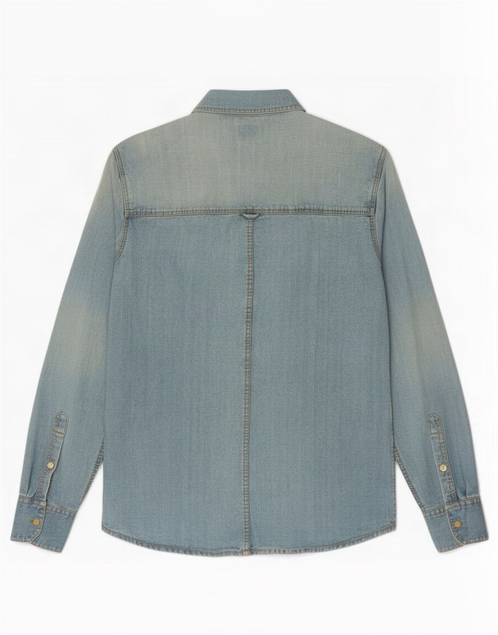 Cămașă de denim vintage pentru bărbați, bumbac albastru mediu