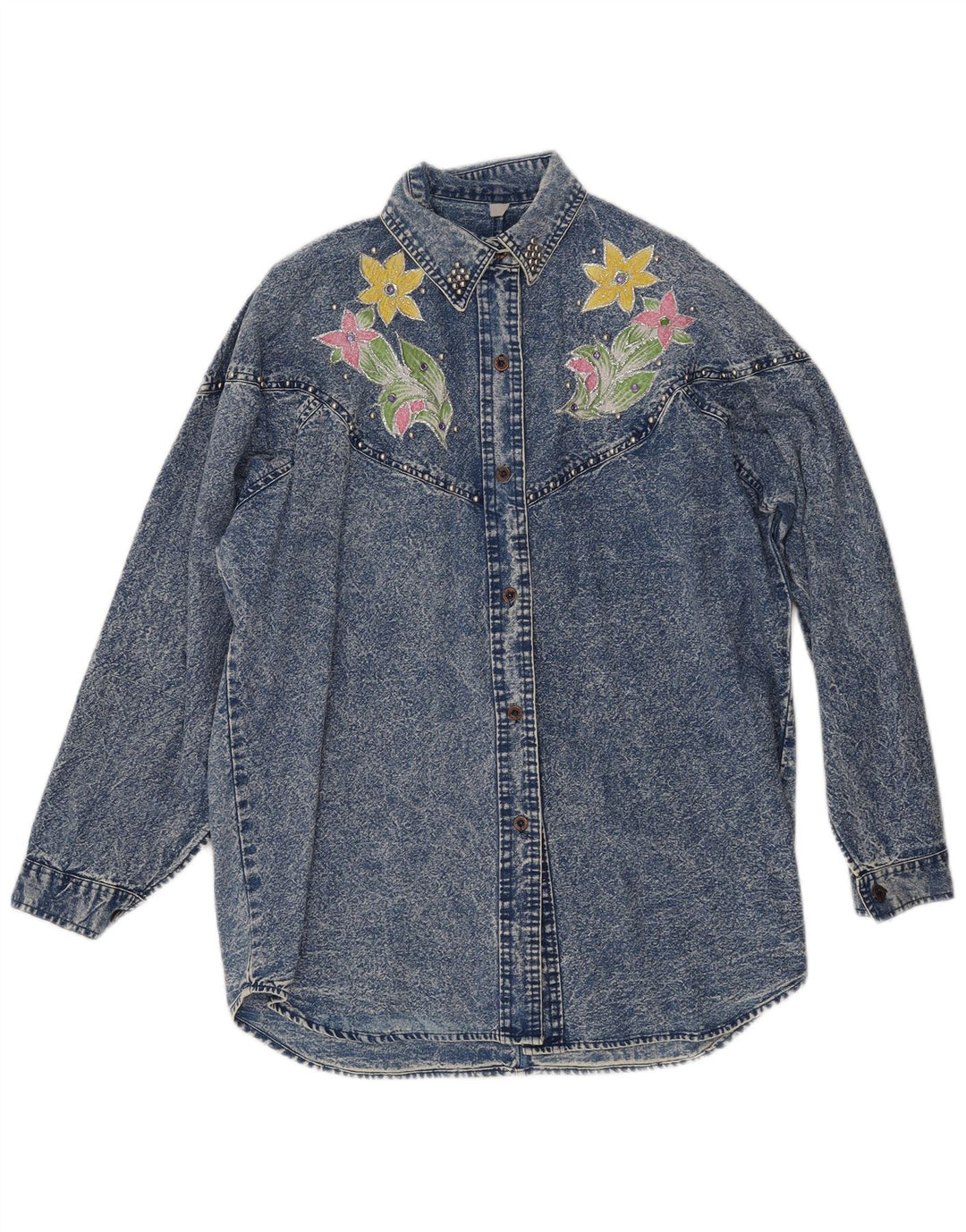 Cămașă din denim cu grafică pentru femei VINTAGE UK 18 XL Albastru Floral