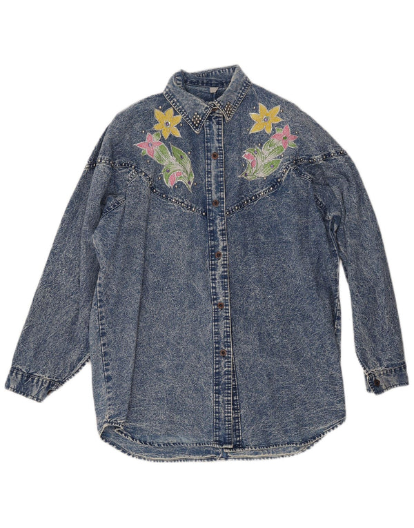 Cămașă din denim cu grafică pentru femei VINTAGE UK 18 XL Albastru Floral