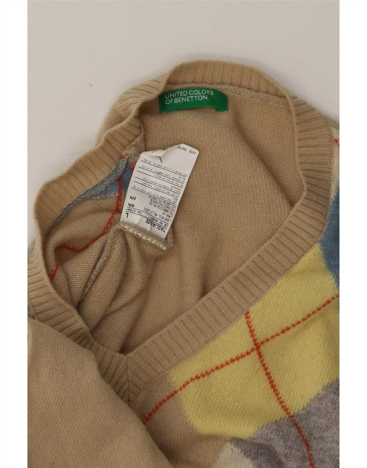 Pulover Benetton pentru bărbați cu decolteu în V, mare, bej, lână Argyle/Diamond