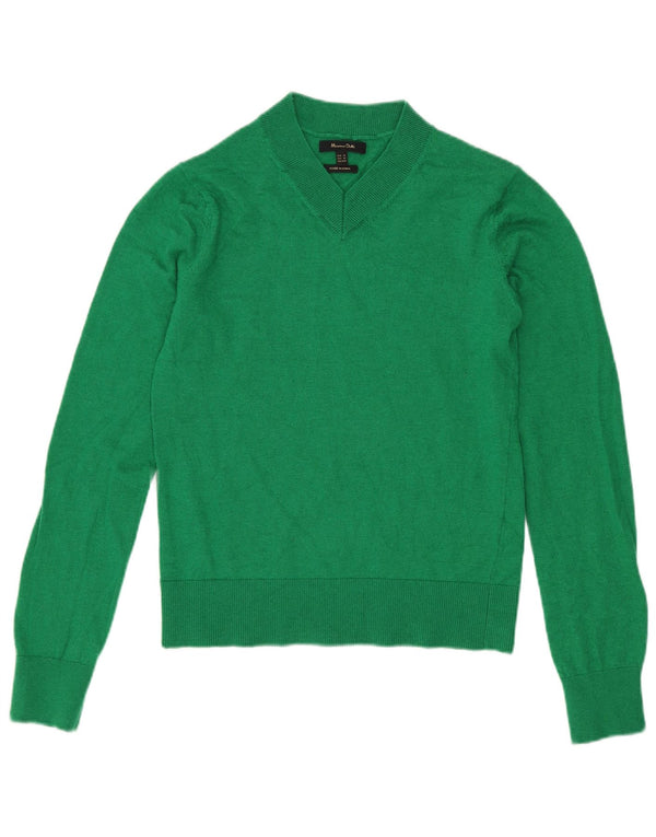 Massimo Dutti Womens V-Neck Jumper Sweater UK 6 XS Green Wool