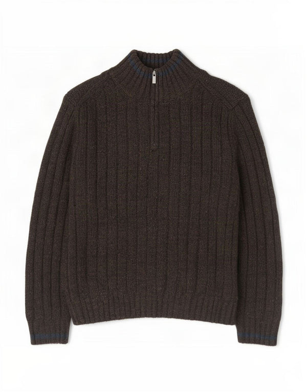 Marks & Spencer Mens Zip Neck Jumper Sweater Large Brown Flecked Acrylic