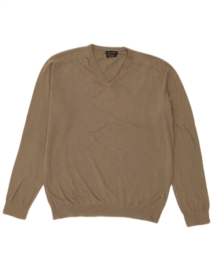 Massimo Dutti Pulover cu decolteu în V pentru bărbați, bumbac mare kaki