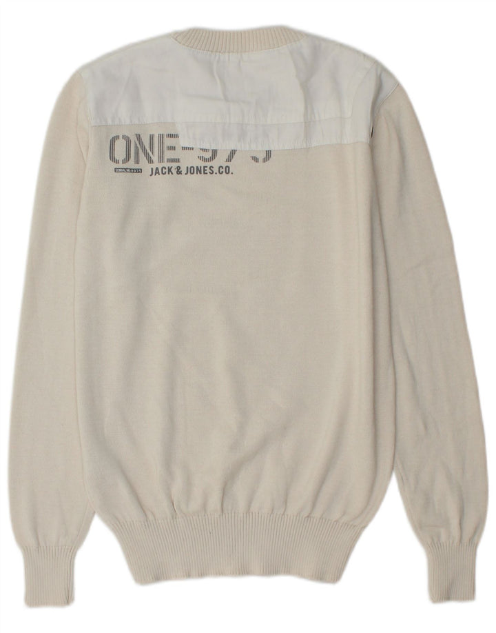 JACK & JONES Pulover cu decolteu rotund cu grafic pentru bărbați, mic, alb