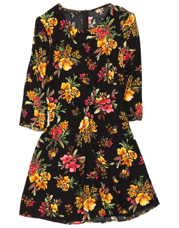 Rochie A-Line Zara Femei Mâneci 3/4 UK 4 XS Negru Floral Viscoză