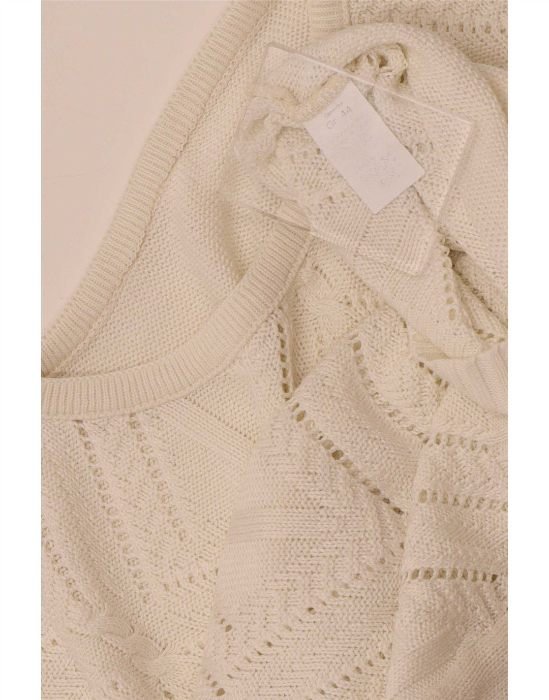 Pulover vintage pentru femei cu decolteu triplu UK 14 Medium White Geometric
