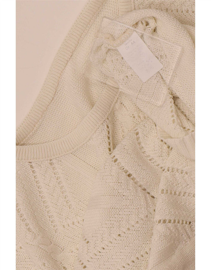 Pulover vintage pentru femei cu decolteu triplu UK 14 Medium White Geometric