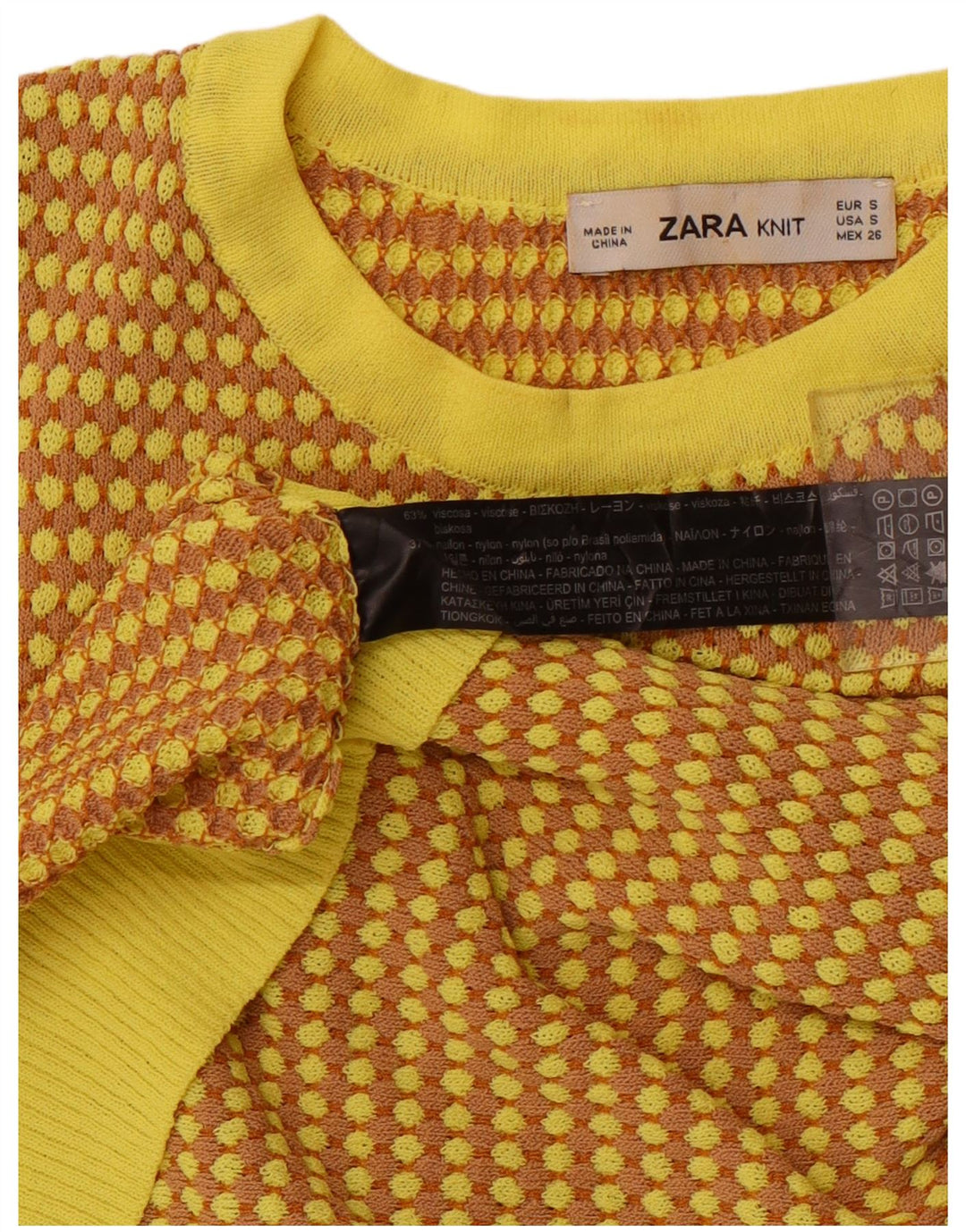 Pulover de damă ZARA Crop Crew Gate UK 8 Mic Galben Geometric