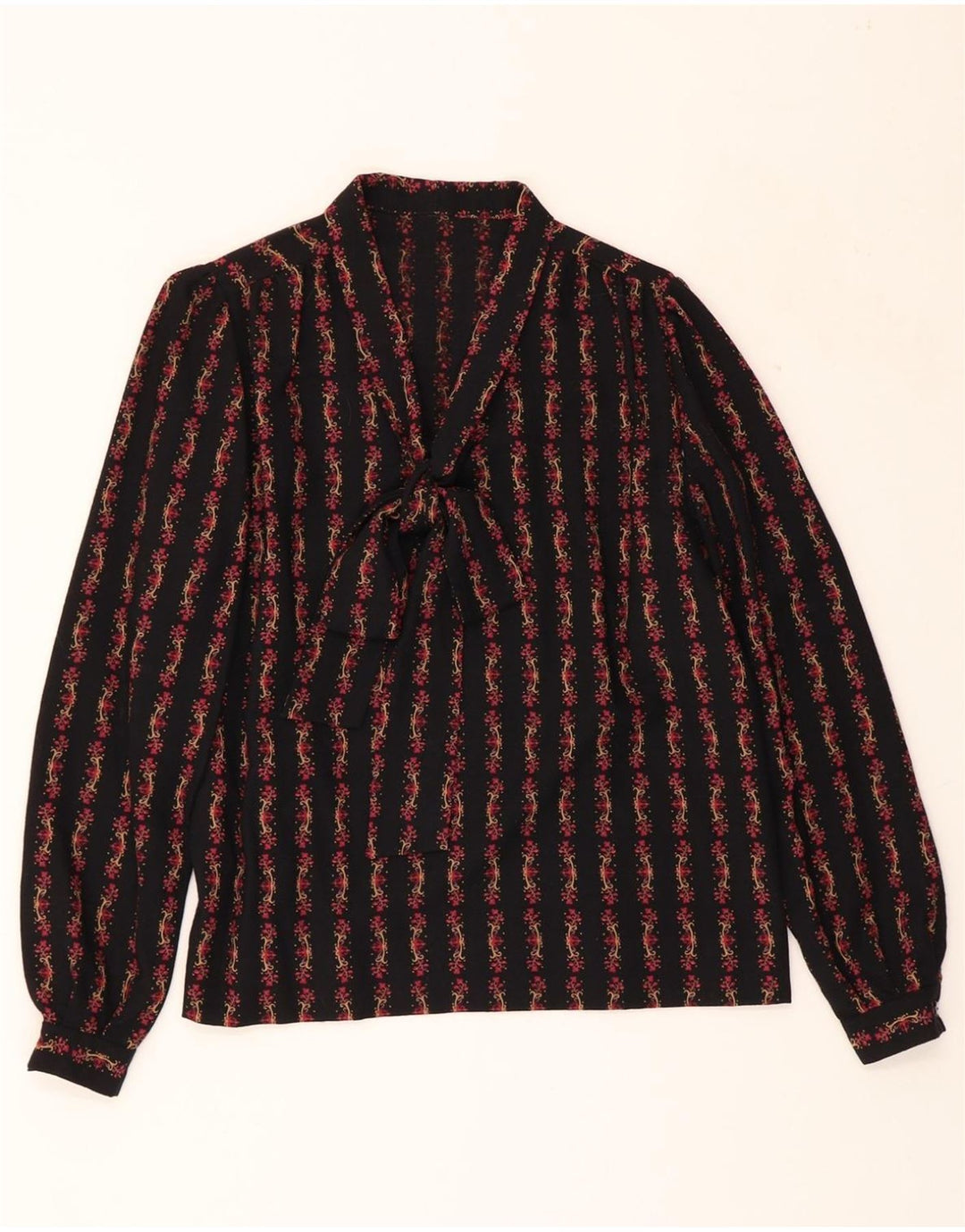 VINTAGE Womens Front Tie Pullover Shirt Blouse UK 14 Medium Black Floral Vintage Vintage and Second-Hand Vintage from Messina Hembry 