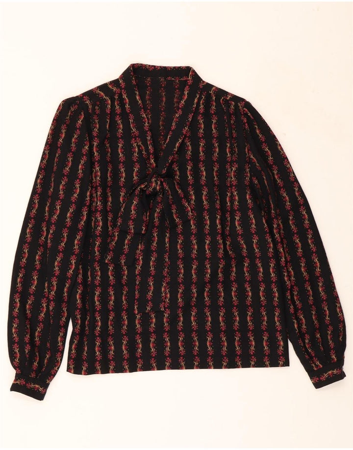 VINTAGE Womens Front Tie Pullover Shirt Blouse UK 14 Medium Black Floral Vintage Vintage and Second-Hand Vintage from Messina Hembry 