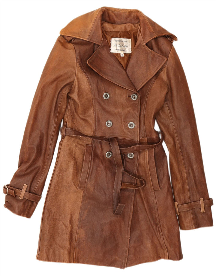 Palton din piele vintage pentru femeie cu piept dublu IT 42 din piele maro medie