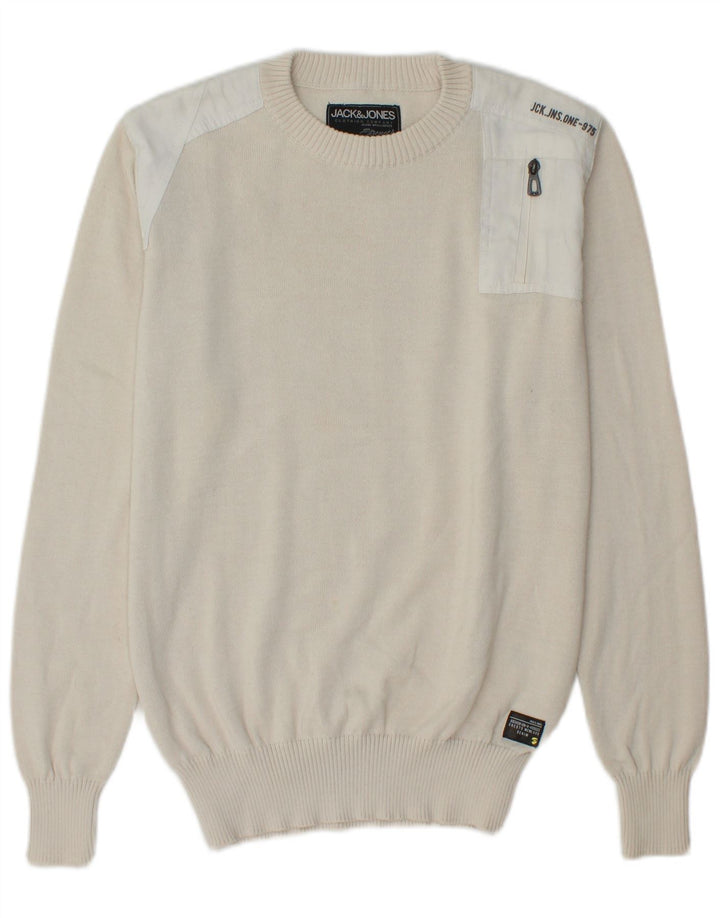 JACK & JONES Pulover cu decolteu rotund cu grafic pentru bărbați, mic, alb