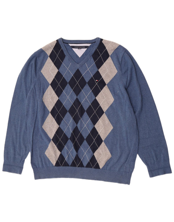 Pulover pentru bărbați Tommy Hilfiger cu decolteu în V, 2XL, albastru, bumbac Argyle/Diamond