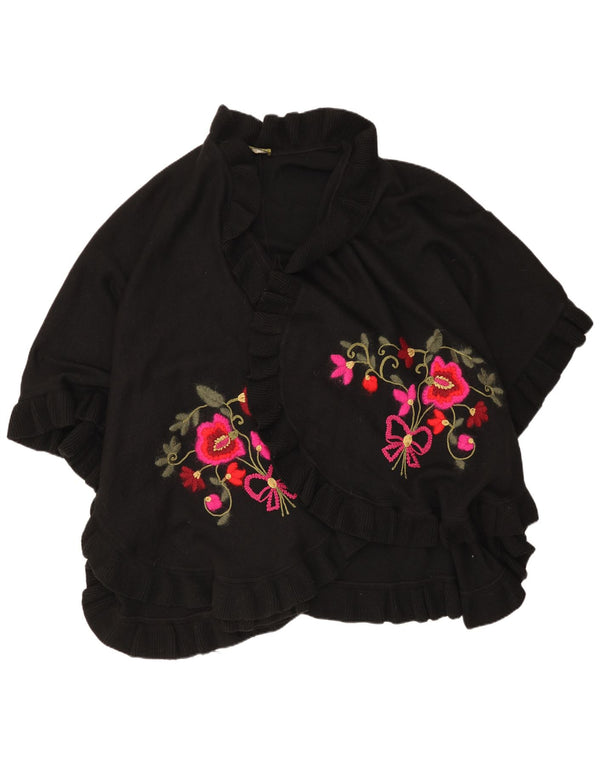 Pulover Vintage Cape Cardigan Femei Marime Unică Lână Merinos Negru Floral
