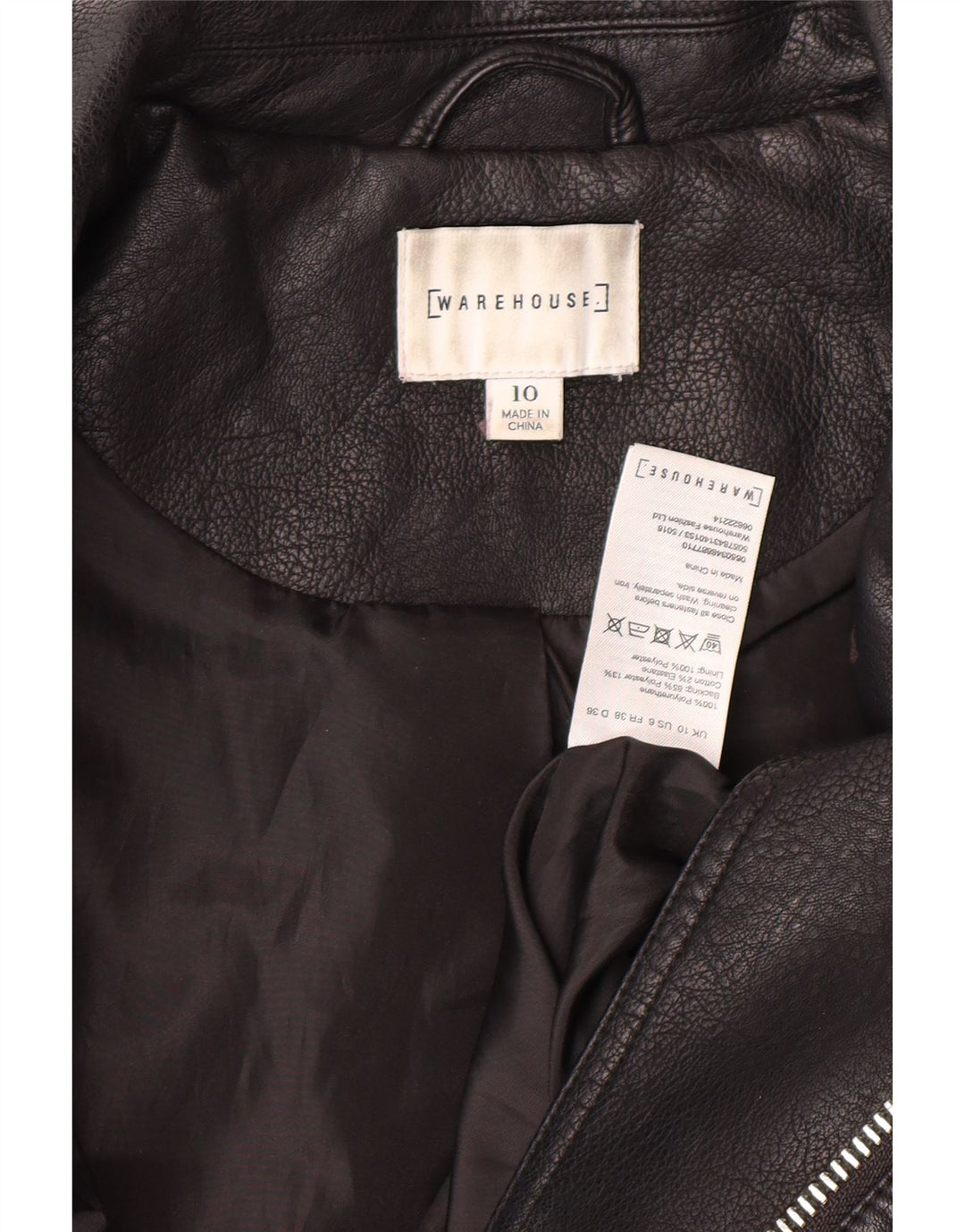 WAREHOUSE Womens Faux Leather Biker Jacket UK 10 Small  Black Polyurethane Vintage Warehouse and Second-Hand Warehouse from Messina Hembry 