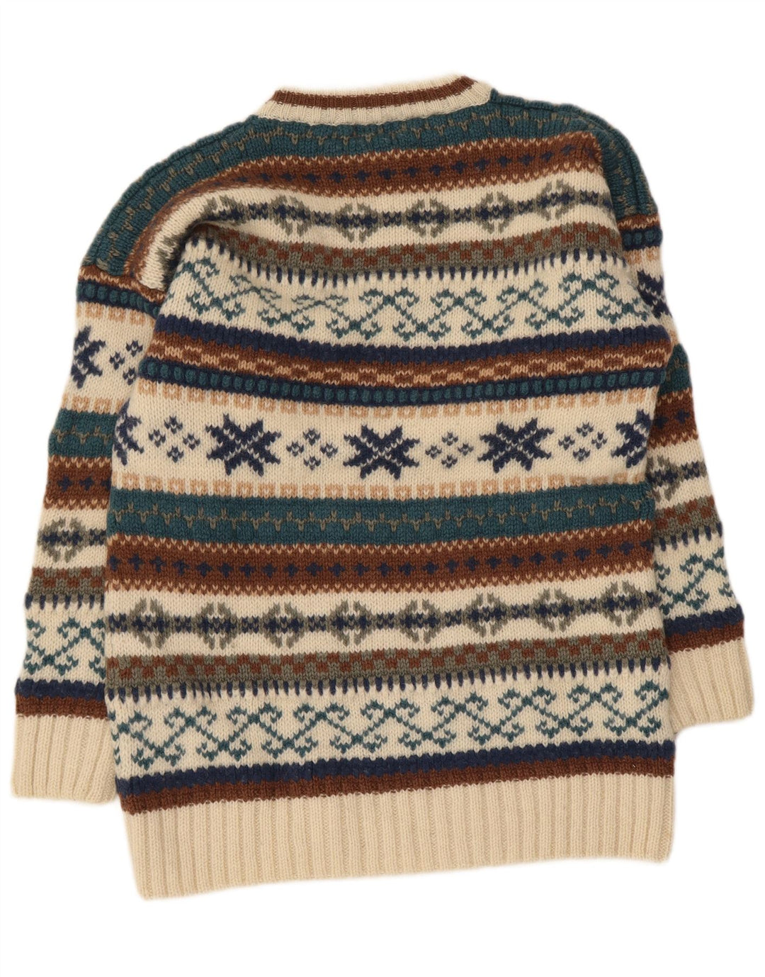 Pulover vintage pentru bărbați cu decolteu rotund, lână Fair Isle, bej mediu