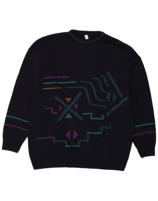 Pulover vintage pentru bărbați cu decolteu rotund, XL, bumbac geometric, albastru bleumarin