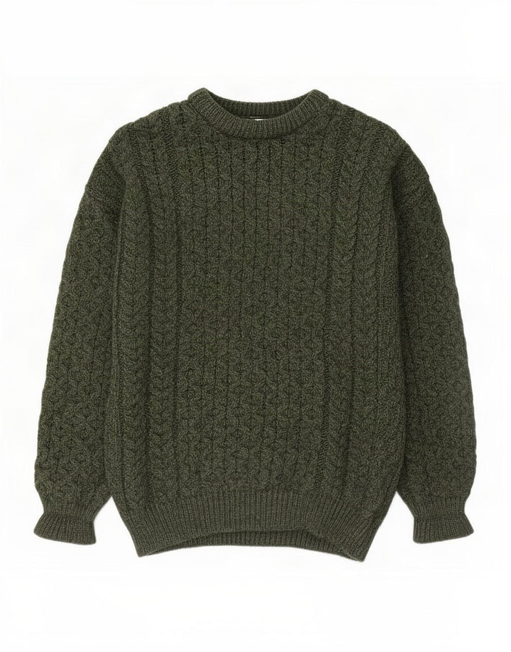 Pulover pentru bărbați Aran Crafts cu decolteu rotund din lână merinos verde mic