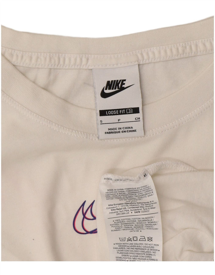 Tricou grafic crop NIKE pentru femei, cu croiala largi, 10 UK, bumbac alb mic