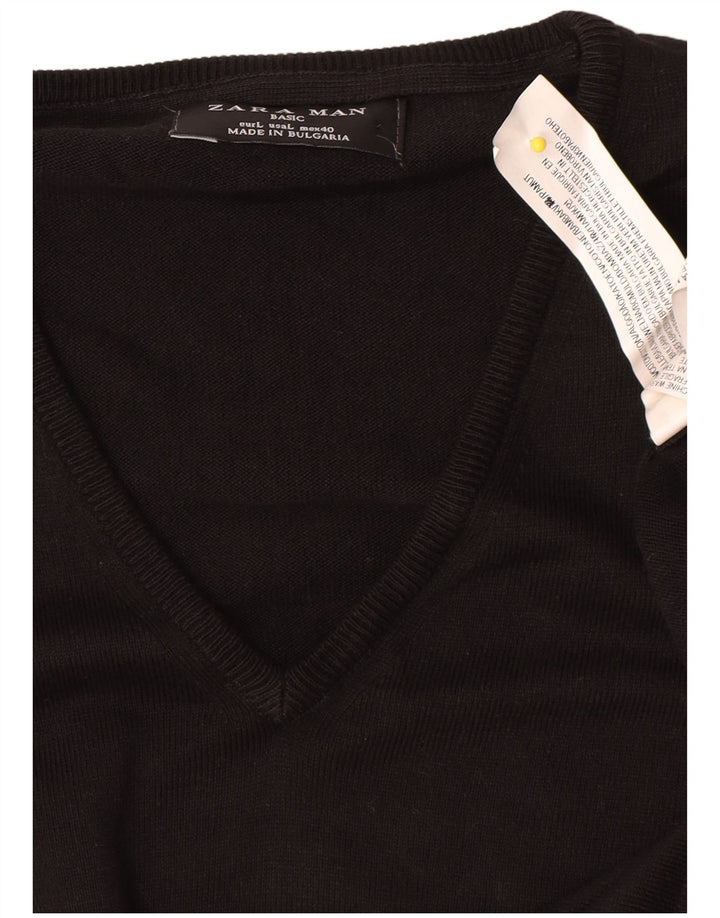 Pulover pentru bărbați Zara, cu decolteu în V, mare, negru, bumbac