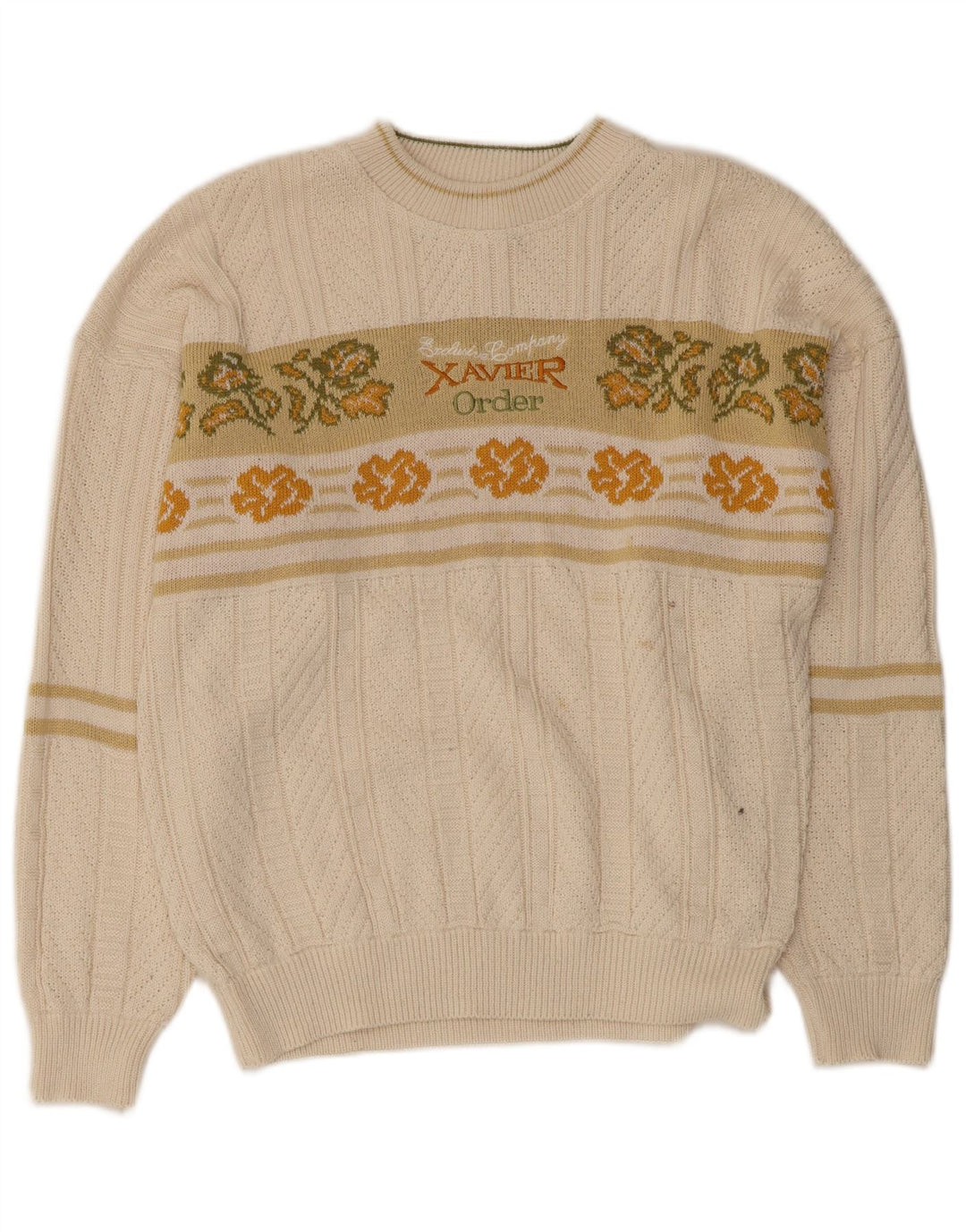 Pulover VINTAGE pentru bărbați cu grafică cu gât de barcă, alb, floral, mediu