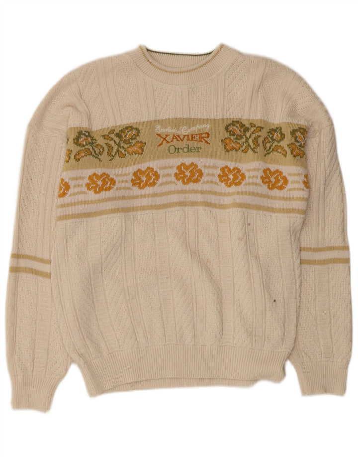 Pulover VINTAGE pentru bărbați cu grafică cu gât de barcă, alb, floral, mediu