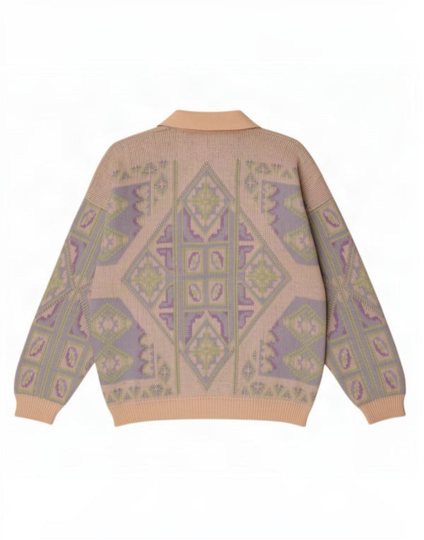 Pulover vintage pentru bărbați cu gât polo mare, lână geometrică, bej